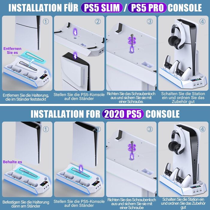 Підставка для PS5 Slim/Pro з зарядною станцією для контролера, RGB підсвічуванням, вентилятором, тримачем для навушників та USB хабом (чорний/білий)