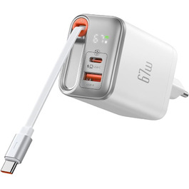 Мсдодо зарядний пристрій USB-C 67W з висувним кабелем, мережевий адаптер, зарядка GaN 3-Port з LED дисплеєм для iPhone, Galaxy, MacBook Pro, iPad