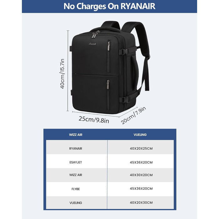 LOVEVOOK Рюкзак для подорожей, ручна поклажа, 40x30x20 см, 24л, для ноутбука 14