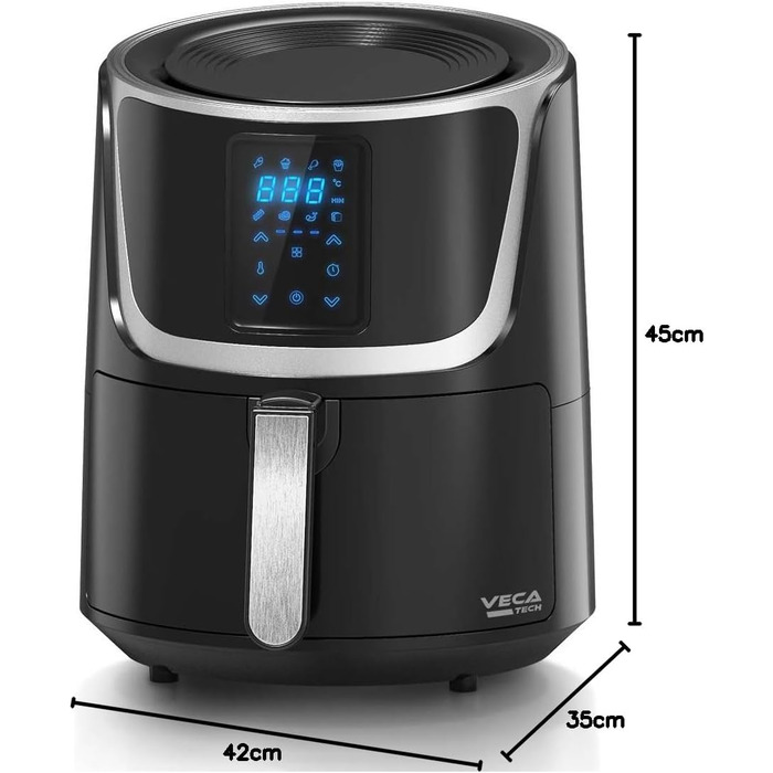 Фритюрниця VECATECH Heißluft XXL 5.5л з цифровим сенсорним екраном, 8 програмами та 1800W - безмасляна фритюрниця для здорового харчування