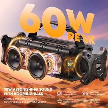 W-KING Bluetooth колонки: портативна, водонепроникна (IPX6), 60W, 24 години роботи, TF карта, USB, AUX, чорний