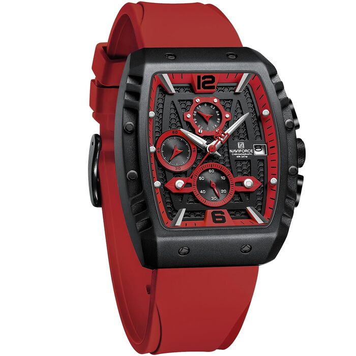 Чоловічий кварцовий годинник Naviforce з автом. датою та індикатором тижня, аналоговий, чорний+червоний+червоний