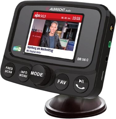 DAB+ адаптер Albrecht DR 56 C для автрадіо з FM-трансмітером, музичний стрімінг, кольоровий дисплей, чорний