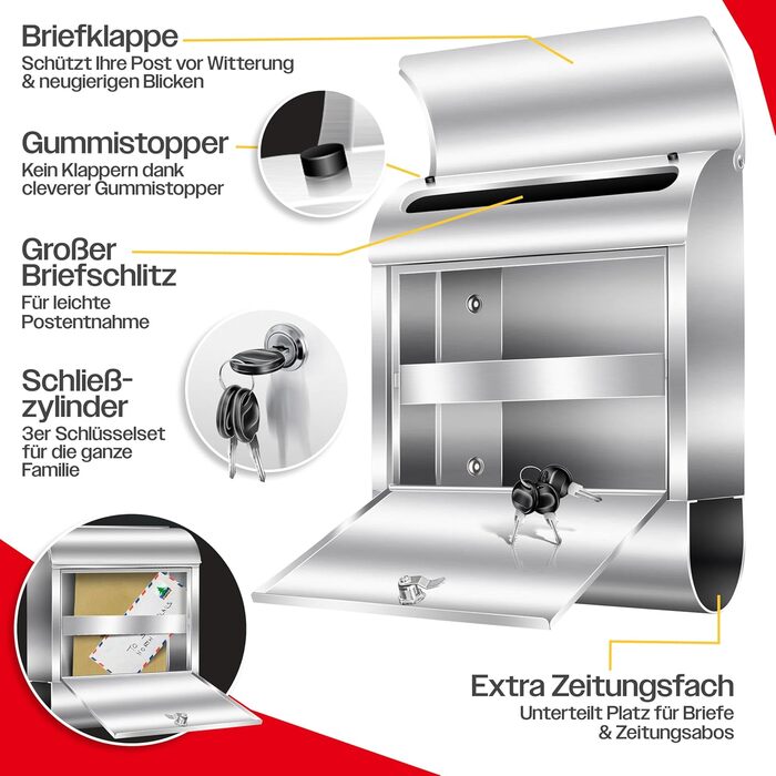 Поштовий ящик настінний KESSER® XXL нержавіюча сталь срібний з газетницею, замок + 3 ключі, вологостійкий, порошкове покриття