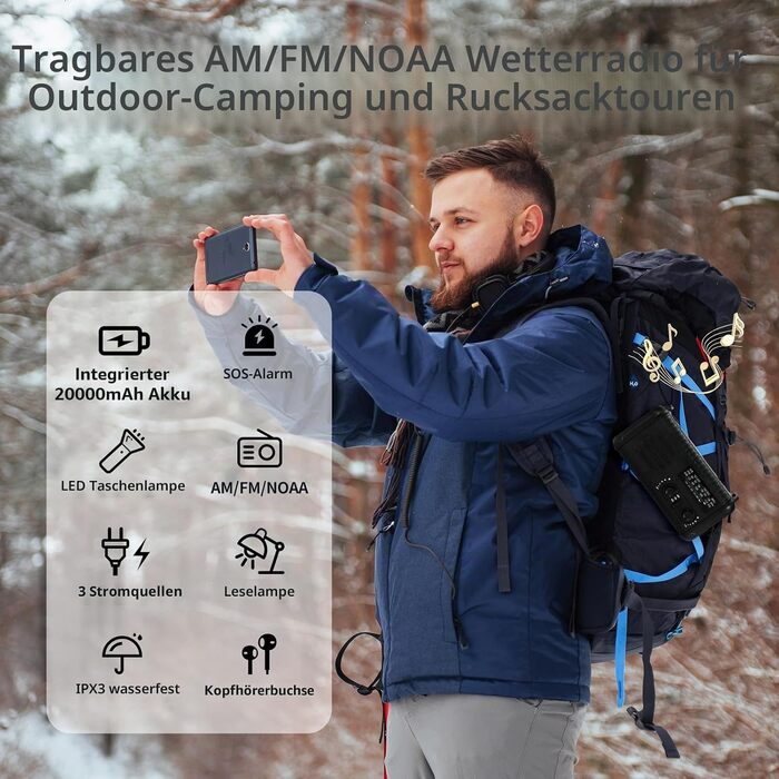 Радіо на сонячних батареях з ручним заводом 20000mAh Notfallradio, AM/FM, ліхтарик, SOS-сигнал, зарядний пристрій для телефону (Чорний)