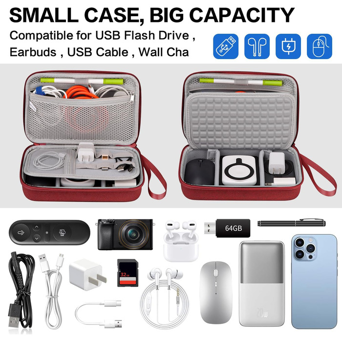 Органайзер для кабелів Teskyer, водонепроникний, жорсткий корпус, велика місткість, для подорожей (Вишневий, Середній 14 x 22 x 6,5 см)