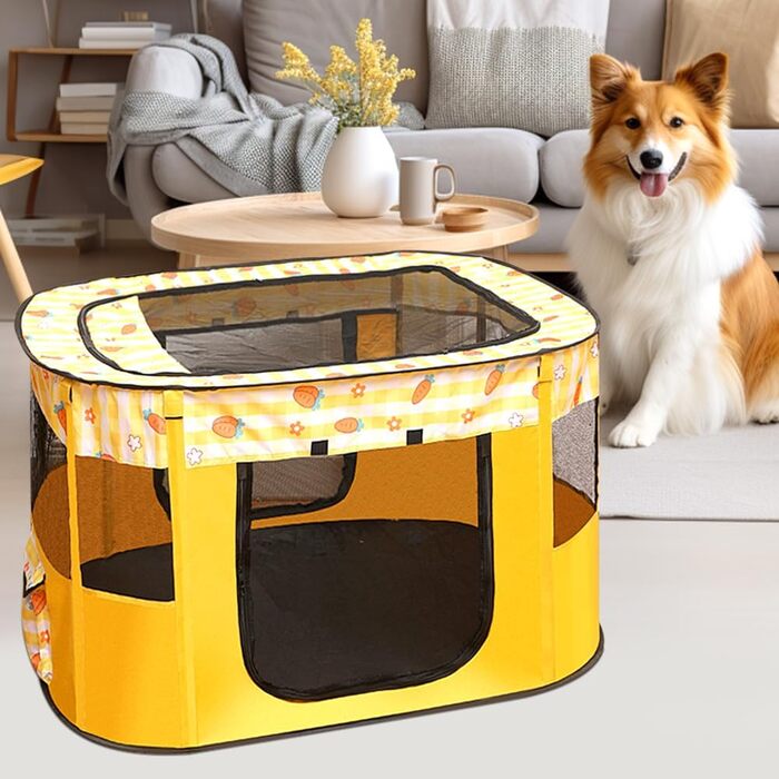 Клітка-манеж для цуценят та домашніх тварин, 70x55x40 см, жовта. Підходить для собак, кроликів, котів та морських свинок.