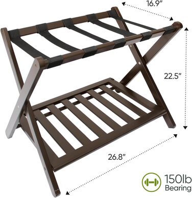 Fully assembled bamboo luggage rack with 5 straps, 2-tier foldable suitcase stand, wide wooden luggage holder, foldable luggage shelves, ideal for guest rooms, bedrooms, hotels, (1 pack of brown bamboo)