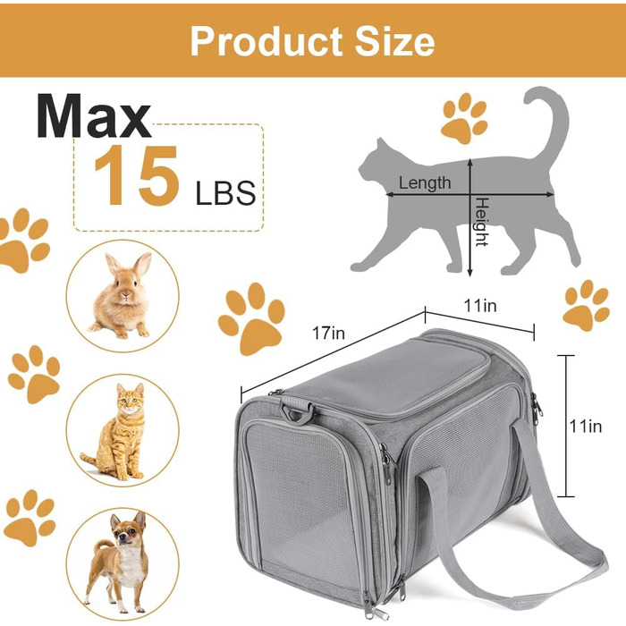 Складана переносна клітка для собак та котів, сумка-переноска для подорожей, авто, літака. Легка, дихаюча переноска для малих та середніх котів, кроликів, цуценят до 6.8 кг (сіра)