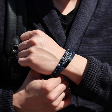 Браслет чоловічий шкіряний з тигровим оком та лавовим каменем, ручної роботи, з гравіюванням, регульований магнітний замок (синій)