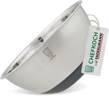 Нержавіюча чаша Chefkoch від FACKELMANN Bonn з антиковзним силіконовим дном – ідеальна для салатів, тіста та іншого. Об'єм 1,25 л (чаша 2,5 л), діаметр 17,7 см, придатна для миття в посудомийній машині.