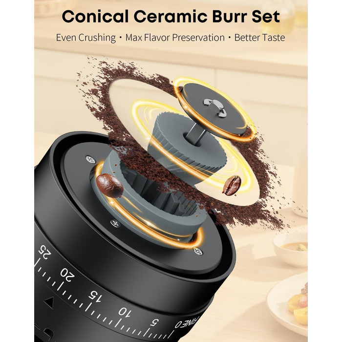 Електрична кавомолка Pawfly з керамічним жорном, 40 ступенів помолу, функцією Auto-Stop та щіткою для чищення. Професійна модель для подорожей та кемпінгу