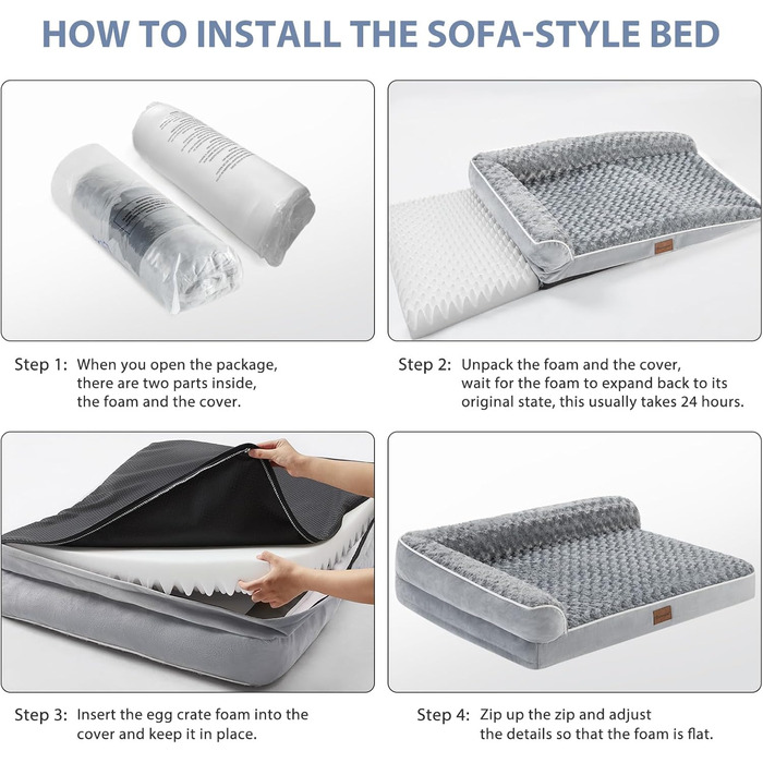 Зручне ортопедичне ліжко для собак великих порід BFPETHOME, вологостійке, з ефектом пам'яті, 106.7x76.2 см, сірого кольору