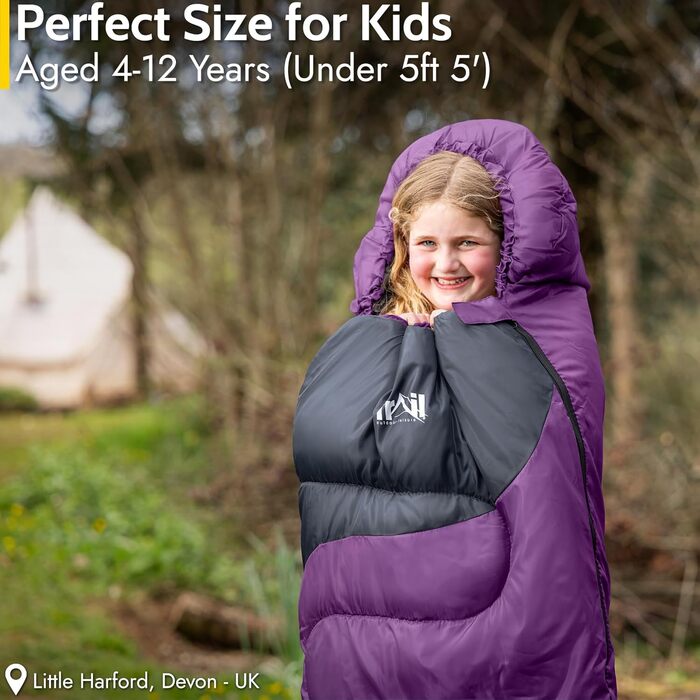 Дитячий спальний мішок Trail Mumienschlafsack для кемпінгу 3 сезони – 300gsm – для хлопчиків та дівчаток – фіолетовий