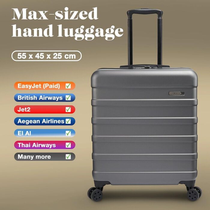 Чемодан ручної поклажі Cabin Max Anode 56x45x25cm - Легкий, з жорстким корпусом, 4 колеса, кодовий замок, чорний (56L)