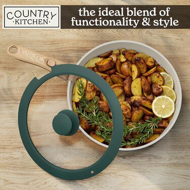 Набір посуду Country Kitchen 13 предметів: каструлі та сковорідки з антипригарним покриттям, знімний ручка, для кухні, кемпінгу, духовки (сіро-зелений)