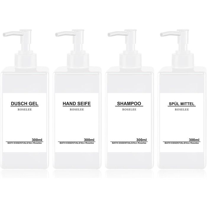 Набір дозаторів для мила Roselee (4 шт.), 300 мл, пластик, для кухні та ванної кімнати