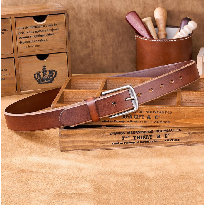 Чоловічий шкіряний ремінь: класичний джинсовий ремінь для чоловіків | З подарунковою коробкою | Ширина 38 мм | Колір: коричневий