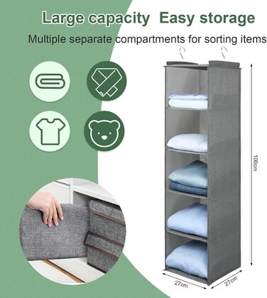 Органайзер для шафи AiQInu з 3 відділеннями, на вішалку, бамбуковий, сірий (з гачками)