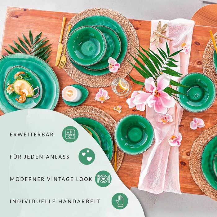 SÄNGER | Teller Set Palm Beach 12-Piece Set, Dinnerware Set for 4 People, Dinnerware Stoneware, Dinner Set including Dinner Plates, Dessert Plates & Deep Plates Green Black with Brown Gradient | PREMIUM COLLECTION Tableware Service 12 Pieces