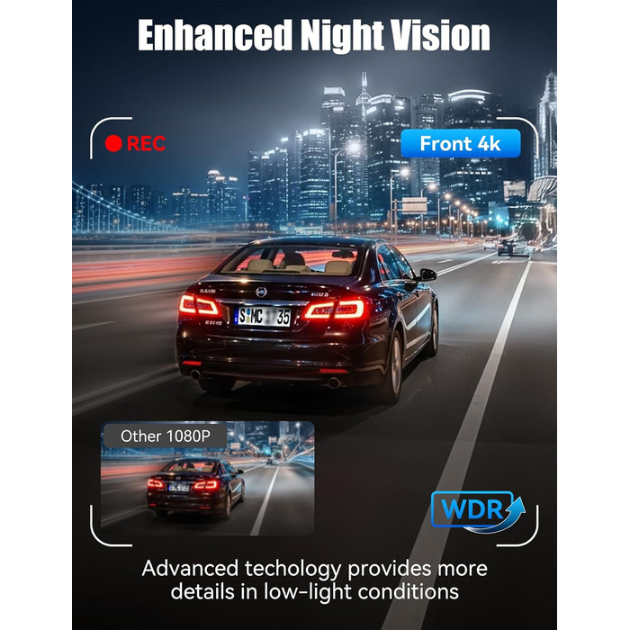 Відеореєстратор 4K Auto Передній та Задній з Хардвайр Кітом, WiFi, Паркувальний Моніторинг, 64GB SD Карта, 3-Канальна Автокамера з Нічним Баченням, 170° Широкий Кут, WDR, G-Сенсор, Циклічна Запис, Керування через APP