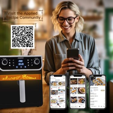 Aigostar аерофритюрниця XXL 8 л з оглядовим вікном, 12 програм, цифровий LED-екран, без олії, книга рецептів, безпечна для миття в посудомийній машині, BPA-free, 1700 Вт