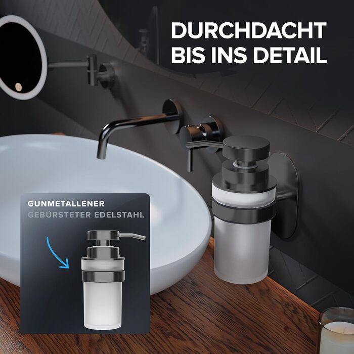 ovimar Soap Dispenser Veotind | Gunmetal | Wall Mounting without Drilling | Stainless Steel and Modern Glass | Large Opening | Suitable for Bathroom or Kitchen | Also Suitable as a Hand Sanitizer Dispenser