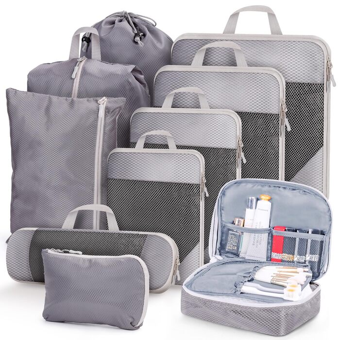 Набір органайзерів для валізи 10 шт. Packing Cubes з компресією, сірі. Організатори для подорожей, дорожні сумки, органайзери для одягу у валізу та рюкзак