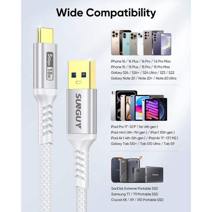 Кабель USB-C - USB 0Gbps SUNGUY, нейлонова обплітання, 3м, білий. Сумісний з iPhone, Galaxy, Android Auto (3 шт.)