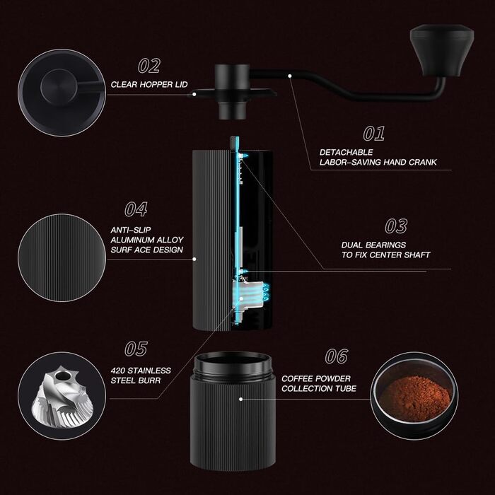 Manual Coffee Grinder with CNC Stainless Steel Burr for Espresso, Travel, Camping, Kitchen & Office, Small Hand Coffee Grinder Manual (Black)