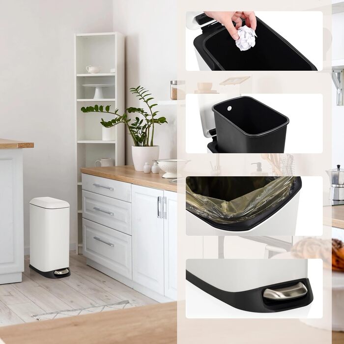 Сміттєвий відер з педаллю та кришкою SoftClose hjh OFFICE CLEAN Slim, 20л, сталевий вузький смітник з внутрішнім відром, білий, 56x34x22 см
