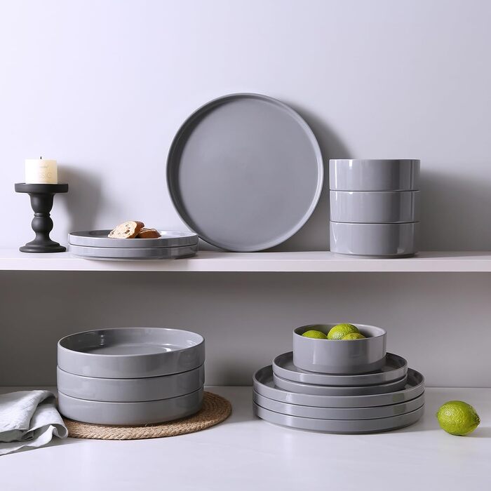 Набір посуду Nebula для 4 осіб (12 предметів): тарілки та миски, керамічний набір, тарілки для сервірування столу, безпечний у мікрохвильовці та посудомийній машині, темно-сірий колір