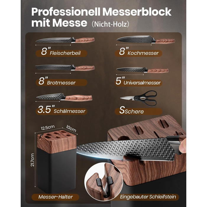 Набір ножів Messerblock Set, 7 предметів: професійний кухонний набір з блоком, з високоякісної нержавіючої сталі та ергономічними ручками, для дому. Чорний колір.