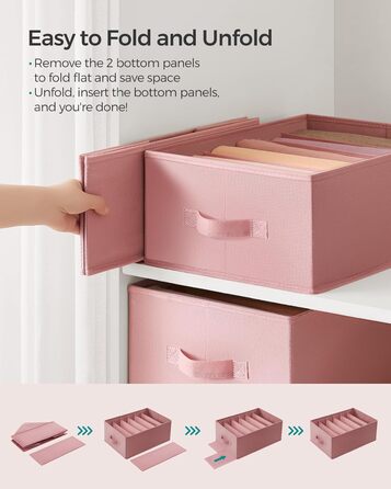SONGMICS Set of 4 Drawer Organizers, 6 Compartments, Closet Organizer, Foldable, Clothes Organizer, 41.5 x 30.8 x 17.8 cm, for Pants, Clothing, URUS009G04 (Jelly Pink)