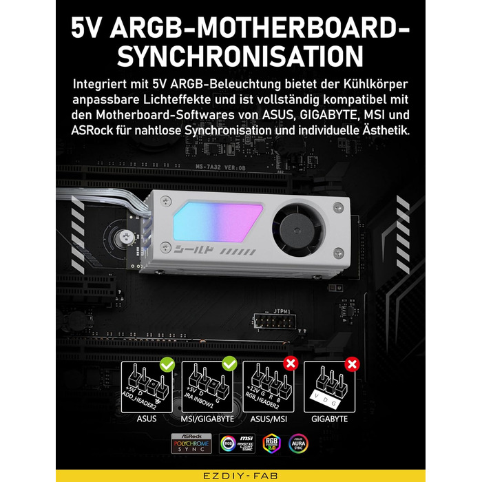 Охолоджувач SSD M.2 EZDIY-FAB Shield ARGB з 20мм вентилятором PWM, преміум-алюмінієвий дизайн, підтримка ARGB 5V 3-Pin, для M.2 2280, чорний, 1 шт.