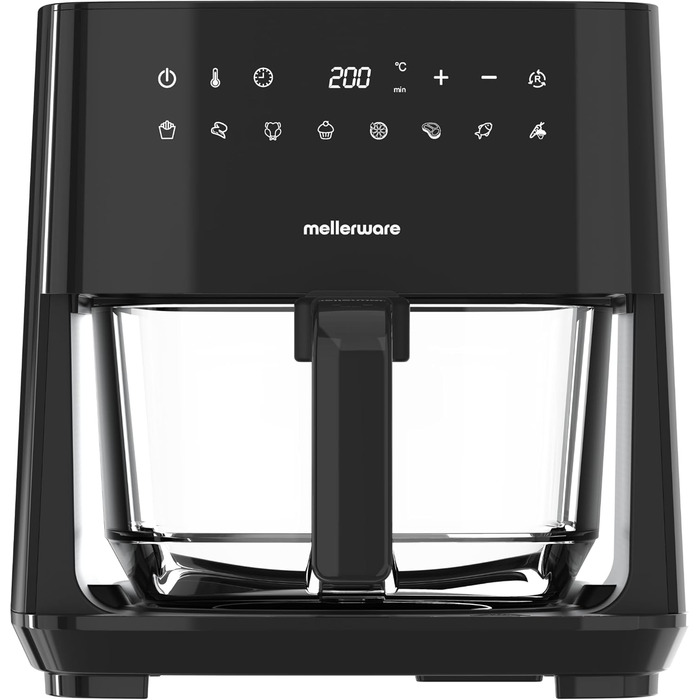 Фритюрниця без олії MELLERWARE 1450W з скляним контейнером 4.5L, 9 програм, сенсорний дисплей, 80–200°C, таймер 60 хв, для миття в посудомийній машині