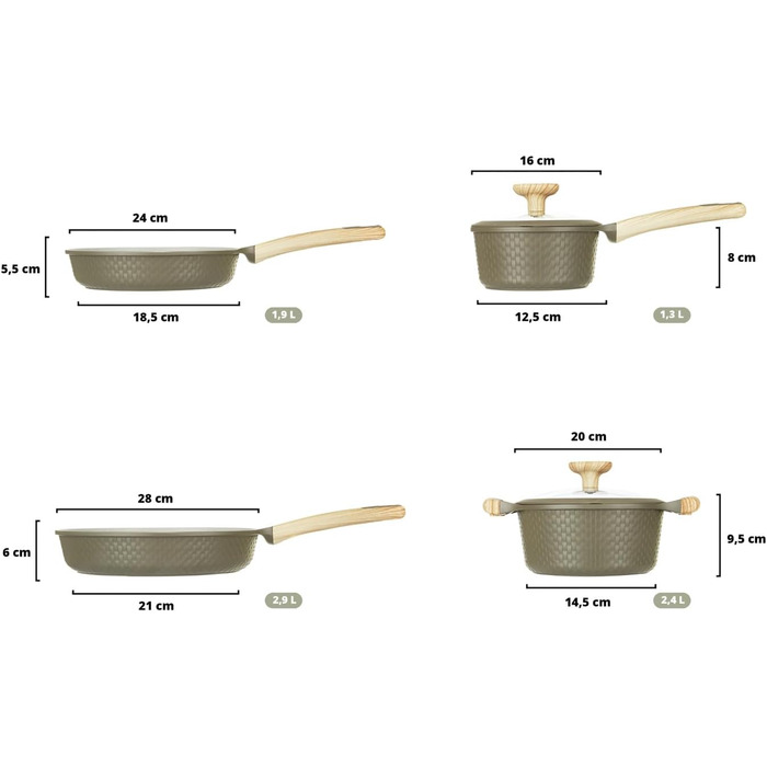 Набір посуду KASANOVA Bambù з антипригарним покриттям, 6 предметів (зелений/кремовий), для індукційних плит, з кришками зі скла