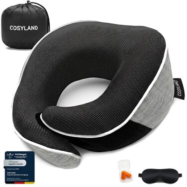 Подушка для подорожей COSYLAND з Memory Foam 360° - для літака та авто, з маскою для сну та берушами, сіра, ергономічна