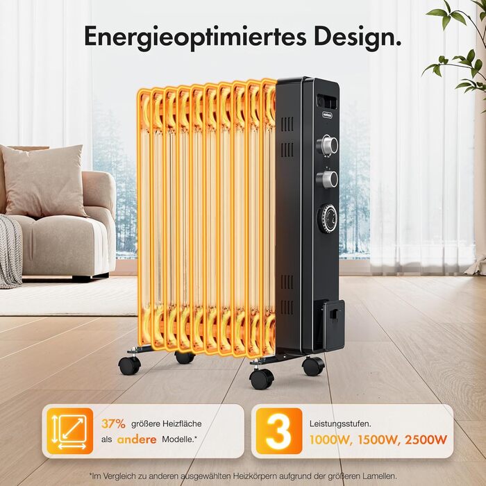 Масляний радіатор VonHaus 11 ребер, 2.5 кВт, з термостатом, чорний | Електричний нагрівач для дому та офісу