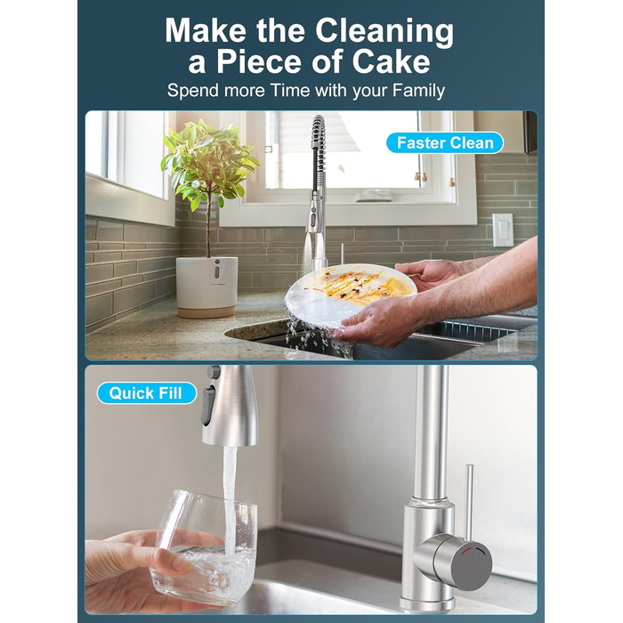 Висувний змішувач для кухні з високим тиском, кухонна арматура з поворотним виливом 360°, 4 режими, високий вигин, нержавіюча сталь, щіткова обробка, змішувач для раковини з одним отвором, ABS-розпилювач, з'єднання G3/8 (тільки для ЄС)
