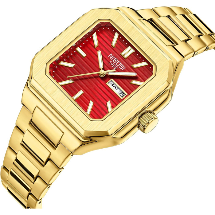 Годинник чоловічий NIBOSI: кварцовий, з нержавіючої сталі, мілітарний стиль, водостійкий, класичний, квадратний, для бізнесу, золотий/червоний