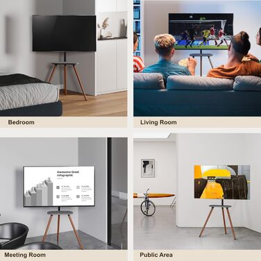 Підставка для телевізора 43-65 дюймів: регульована, поворотна, з дерев'яною полицею, VESA 400x400, чорний, мінімалістичний дизайн