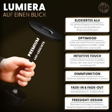 Настільна світлодіодна лампа ELYSIA LED акумуляторна, димована, бездротова, з сенсорним керуванням (IP54), тепле світло (2200K-2700K-3200K), USB-C, алюмінієва, чорна