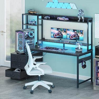 Ігровий стіл Coleshome з полицею та шухлядами, 137x48 см. Стіл для геймінгу з LED-підсвічуванням та розеткою, комп'ютерний стіл з полицями та підставкою для монітора, карбонове волокно, чорний колір