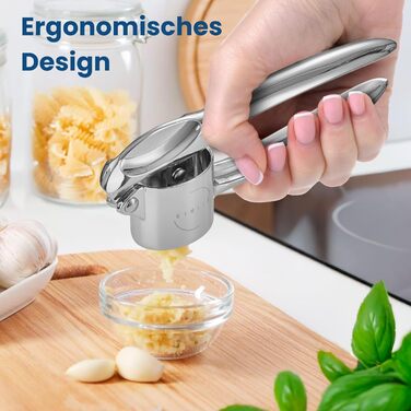 Прес для часнику з нержавіючої сталі - міцний та ергономічний, для зручного подрібнення часнику. Виготовлений з масивного цинкового лиття, підходить для миття в посудомийній машині.