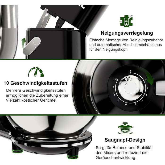 Кухонний комбайн-міксер Camic 2000W, чаша зі сталі 7л, 10 швидкостей, з набором насадок (гак, вінчик) та захистом від бризок, чорний