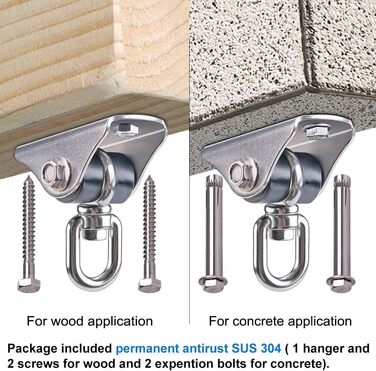 BeneLabel 2-Pack Heavy-Duty Ceiling Hook, Hammock Attachment, Stainless Steel 360° Swivel Hanging Chair Suspension Silent Bushing Screw for Wooden Beams/Concrete Ceilings Yoga Punching Bag Ceiling Bracket, Up to 726kg