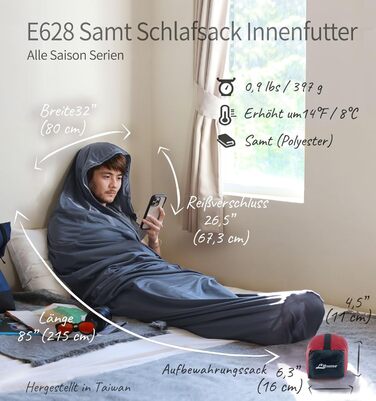 Litume Thermolite/Velour Sleeping Bag Liner 12°C/ 8°C, All-Season Anti-Static Mummy Sleeping Bag Liner Backpack Camping Lightweight Sleeping Bag with Drawstring Hood Hut Sleeping Bag Hiking