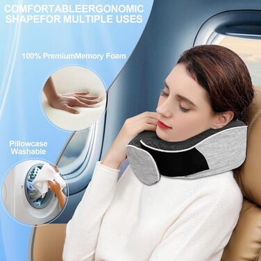 Подушка для шиї з піною з пам'яті Memory Foam, комплект з маскою для очей, берушами та чохлом, ергономічна туристична подушка (світло-сіра)