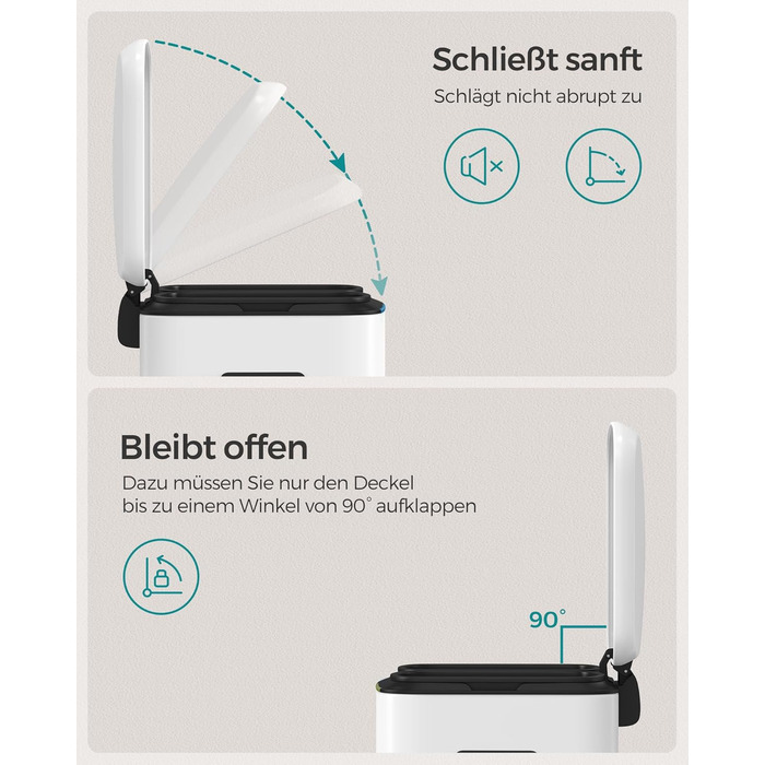 SONGMICS Відро для сміття 40 л з 2 відсіками (2 x 20 л), з педаллю, з металу, з пластиковим внутрішнім відром, з кришкою та ручками, Softclose, герметичне, біле LTB40WT